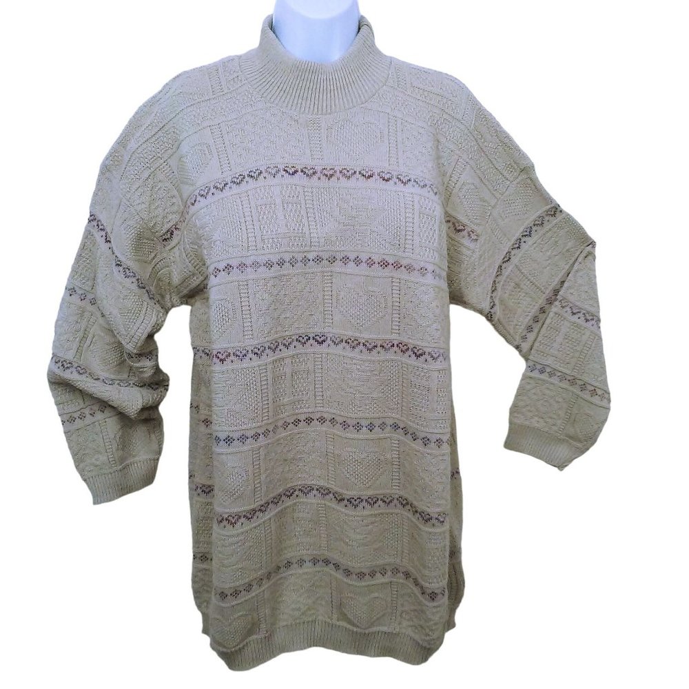 Vintage 80s Basic Editions Oversize Mockneck Tunic Sweater Lady-M Hearts Beige